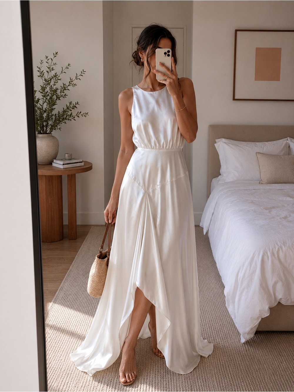 ba&sh Gerry Satin Asymmetrical Maxi Dress Draped Sleeveless White Size 1 NWT